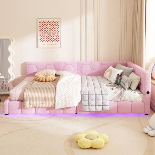 Lit Adulte 140x200 Cm Avec USB, Type-c Et LED, Imitation Laine, Rose