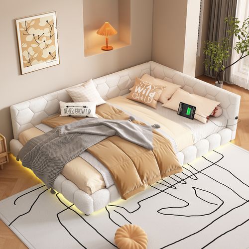 Lit Adulte 140x200 Cm Avec Port USB, Type-c Et LED, Imitation Laine, Blanc