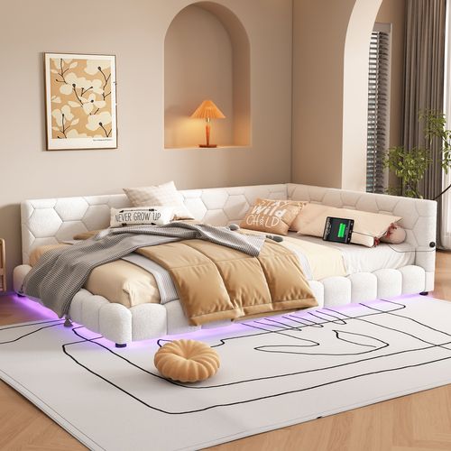 Lit Adulte 140x200 Cm Avec Port USB, Type-c Et LED, Imitation Laine, Blanc
