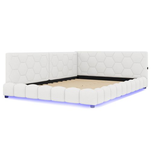 Lit Adulte 140x200 Cm Avec Port USB, Type-c Et LED, Imitation Laine, Blanc