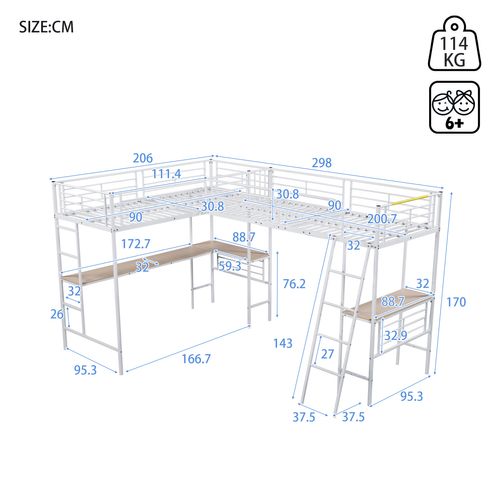 Lit Mezzanine Lit Enfant 90x200 Cm Lit Superposé Double Couche, Lit En Fer, Blanc