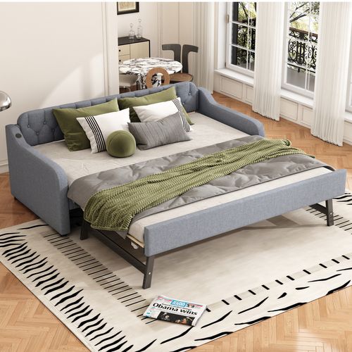 Lit Gigogne 90x200cm, Canapé Convertible Avec Lit Gigogne, Port USB, Gris