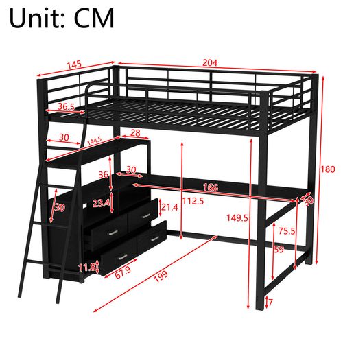 Lit Mezzanine, Lit Enfant 140x200cm, Lit En Fer Avec Tiroirs Et Bureau En L, Noir