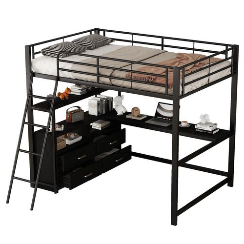 Lit Mezzanine, Lit Enfant 140x200cm, Lit En Fer Avec Tiroirs Et Bureau En L, Noir