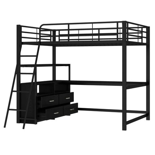 Lit Mezzanine, Lit Enfant 140x200cm, Lit En Fer Avec Tiroirs Et Bureau En L, Noir