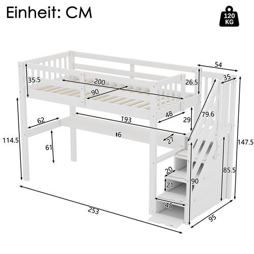 Lit Mezzanine Lit Enfant 90 X 200 Cm Avec Tiroirs De Rangement Et Bureau Sous Lit, Blanc