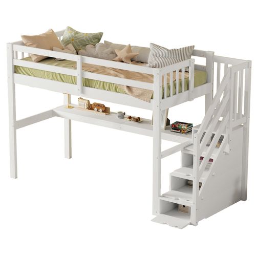 Lit Mezzanine Lit Enfant 90 X 200 Cm Avec Tiroirs De Rangement Et Bureau Sous Lit, Blanc