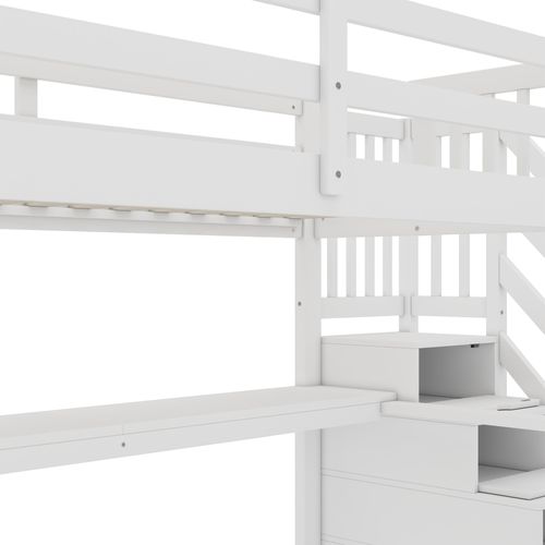 Lit Mezzanine Lit Enfant 90 X 200 Cm Avec Tiroirs De Rangement Et Bureau Sous Lit, Blanc