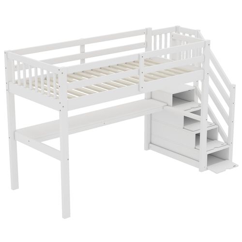 Lit Mezzanine Lit Enfant 90 X 200 Cm Avec Tiroirs De Rangement Et Bureau Sous Lit, Blanc