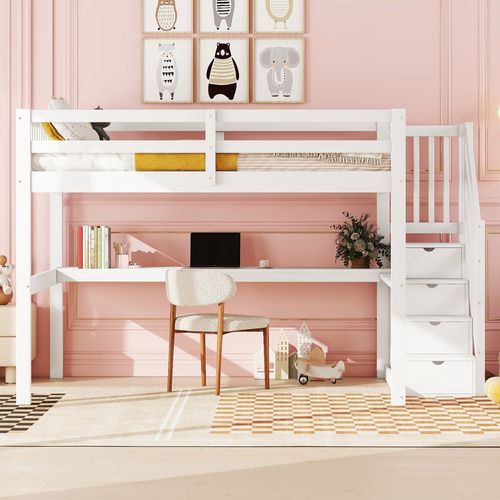 Lit Mezzanine Lit Enfant 140 X 200 Cm Avec Tiroirs De Rangement Et Bureau Sous Lit, Blanc