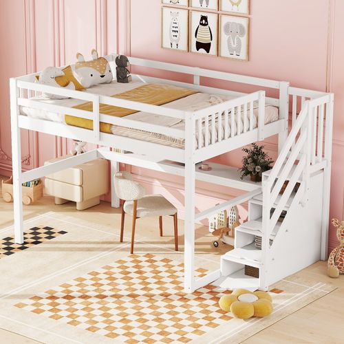 Lit Mezzanine Lit Enfant 140 X 200 Cm Avec Tiroirs De Rangement Et Bureau Sous Lit, Blanc