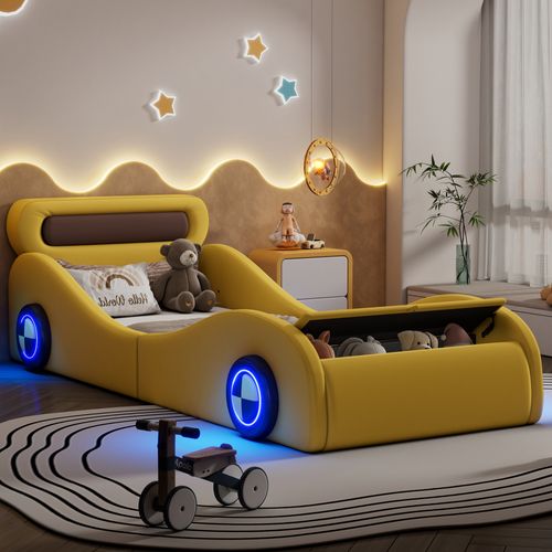 Lit Enfant 90 X 200 Cm En Forme Voiture Avec Roues Lumineuses Et Rangement, Pu, Jaune
