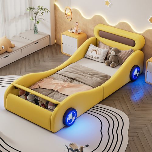 Lit Enfant 90 X 200 Cm En Forme Voiture Avec Roues Lumineuses Et Rangement, Pu, Jaune