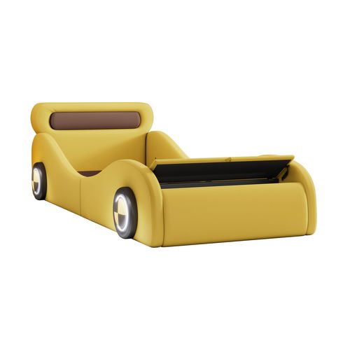 Lit Enfant 90 X 200 Cm En Forme Voiture Avec Roues Lumineuses Et Rangement, Pu, Jaune