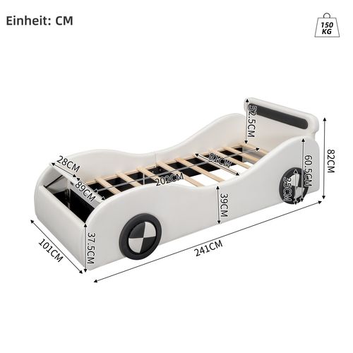 Lit Rembourré Lit Enfant 90 X 200 Cm En Forme De Voiture, Roues Lumineuses Et Rangement, Pu, Blanc