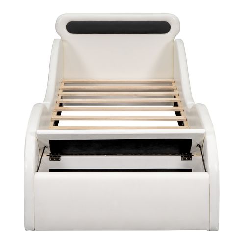 Lit Rembourré Lit Enfant 90 X 200 Cm En Forme De Voiture, Roues Lumineuses Et Rangement, Pu, Blanc