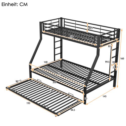 Lit Superposé 140x200 Cm Lit En Métal Avec Lit Gigogne, Échelle Des Deux Côtés, Noir