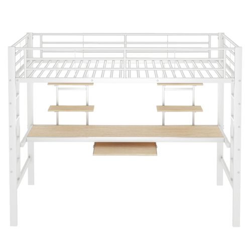 Lit Mezzanine Lit Enfant 90x200 Cm, Lit En Métal Avec Bureau Et Bibliothèque, Blanc