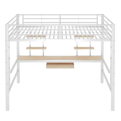 Lit Mezzanine 140x200 Cm, Lit En Métal Avec Bureau Et Bibliothèque, Blanc