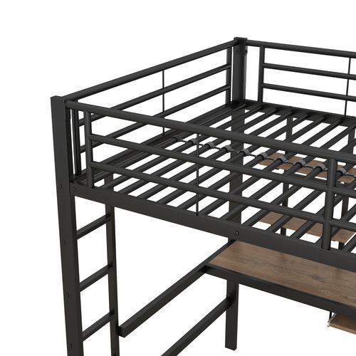 Lit Mezzanine Lit Enfant 140x200 Cm, Lit En Métal Avec Bureau Et Bibliothèque, Noir