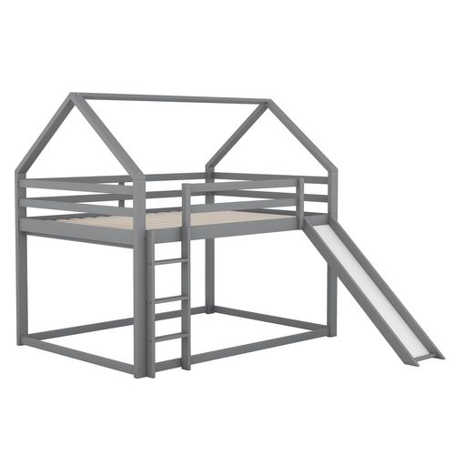 Lit Superposé Lit Enfant 140x200cm Avec Toboggan Et Échelle, Barrière Anti-chute, Gris