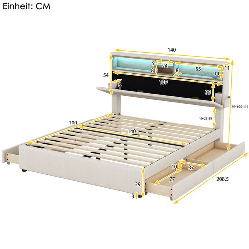 Lit Adulte LED 140x200 Avec Tête De Lit Rangement Et 4 Tiroirs, USB, Mdf, Lin, Beige + Gris