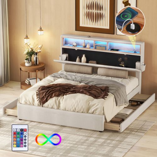 Lit Adulte LED 140x200 Avec Tête De Lit Rangement Et 4 Tiroirs, USB, Mdf, Lin, Beige + Gris