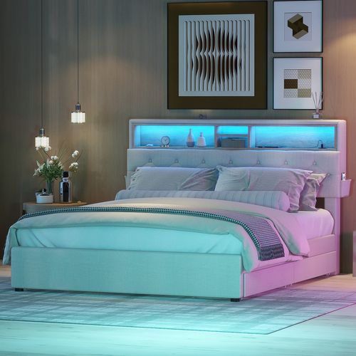 Lit Adulte LED 140x200 Avec Tête De Lit Rangement Et 4 Tiroirs, USB, Mdf, Lin, Beige + Gris