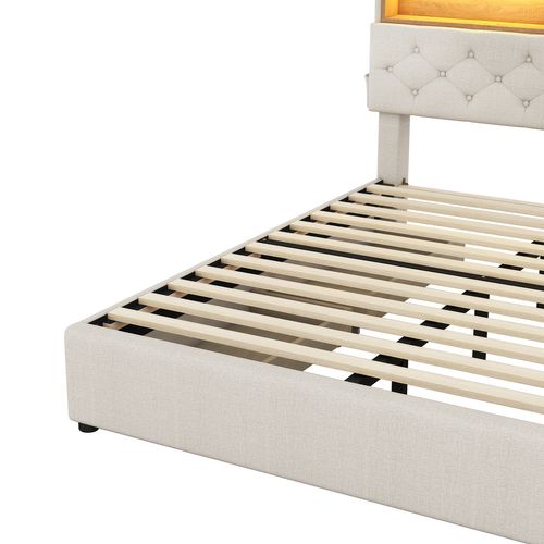 Lit Adulte LED 140x200 Avec Tête De Lit Rangement Et 4 Tiroirs, USB, Mdf, Lin, Beige + Gris