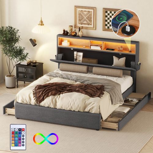 Lit Adulte LED 140x200 Avec Tête De Lit Rangement Et 4 Tiroirs, USB, Mdf, Gris