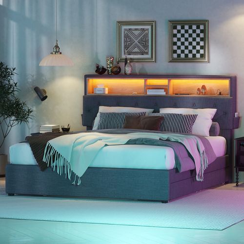 Lit Adulte LED 140x200 Avec Tête De Lit Rangement Et 4 Tiroirs, USB, Mdf, Gris