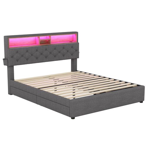 Lit Adulte LED 140x200 Avec Tête De Lit Rangement Et 4 Tiroirs, USB, Mdf, Gris