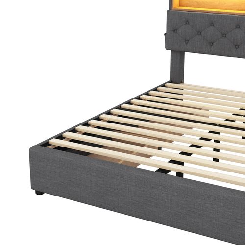 Lit Adulte LED 140x200 Avec Tête De Lit Rangement Et 4 Tiroirs, USB, Mdf, Gris