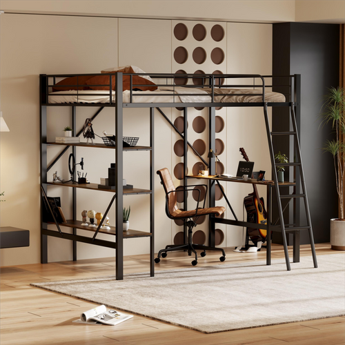 Lit Mezzanine 90x200 Cm, Cadre De Lit En Fer Avec Bureau Et Trois Étagères, Noir