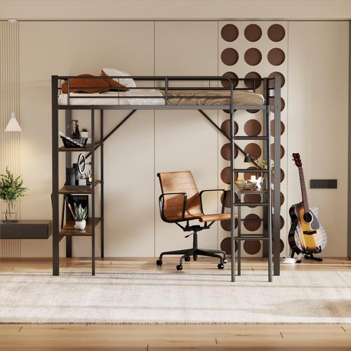 Lit Mezzanine 90x200 Cm, Cadre De Lit En Fer Avec Bureau Et Trois Étagères, Noir