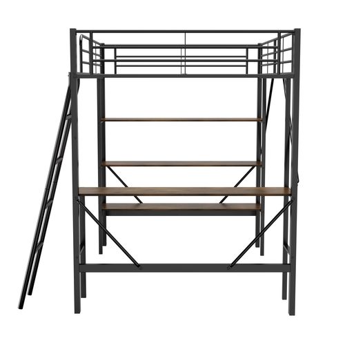 Lit Mezzanine 90x200 Cm, Cadre De Lit En Fer Avec Bureau Et Trois Étagères, Noir