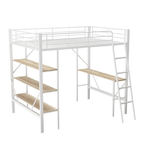 Lit Mezzanine 90x200 Cm, Cadre De Lit En Fer Avec Bureau Et Trois Étagères, Blanc
