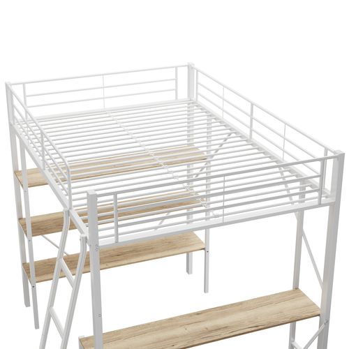 Lit Mezzanine 90x200 Cm, Cadre De Lit En Fer Avec Bureau Et Trois Étagères, Blanc