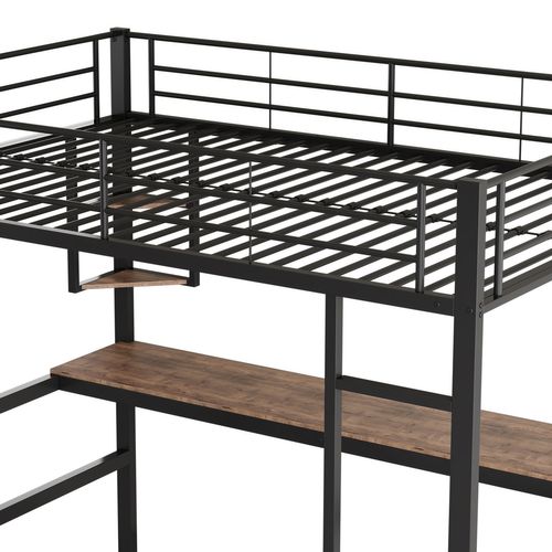 Lit Mezzanine Lit Adulte 90x200 Cm, Cadre De Lit En Fer Avec Bureau Et Étagère, Noir