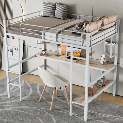 Lit Mezzanine Lit Enfant 90x200 Cm, Cadre De Lit En Fer Avec Bureau Et Étagère, Blanc