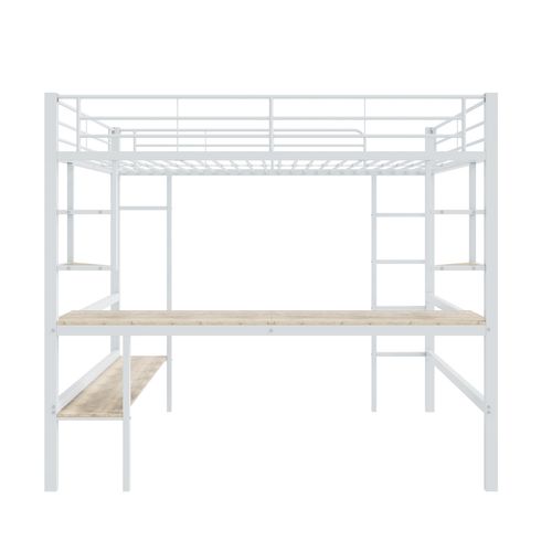 Lit Mezzanine Lit Enfant 90x200 Cm, Cadre De Lit En Fer Avec Bureau Et Étagère, Blanc