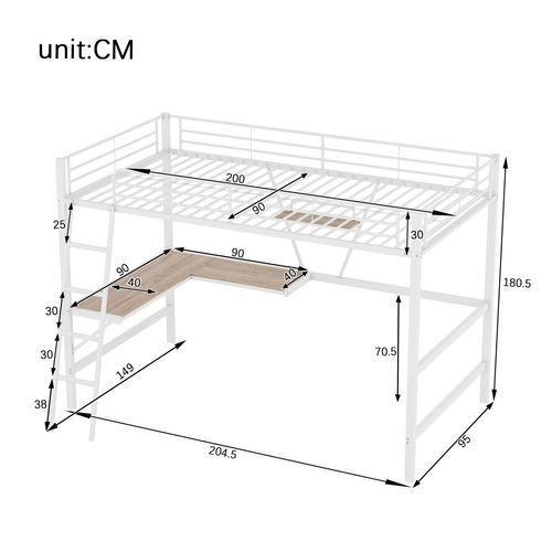 Lit Mezzanine Lit Adulte 90x200 Cm, Lit En Fer Avec Avec Bureau En L Et Étagère, Blanc