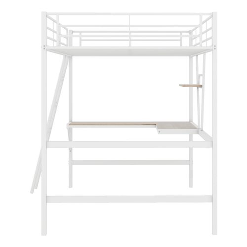 Lit Mezzanine Lit Adulte 90x200 Cm, Lit En Fer Avec Avec Bureau En L Et Étagère, Blanc