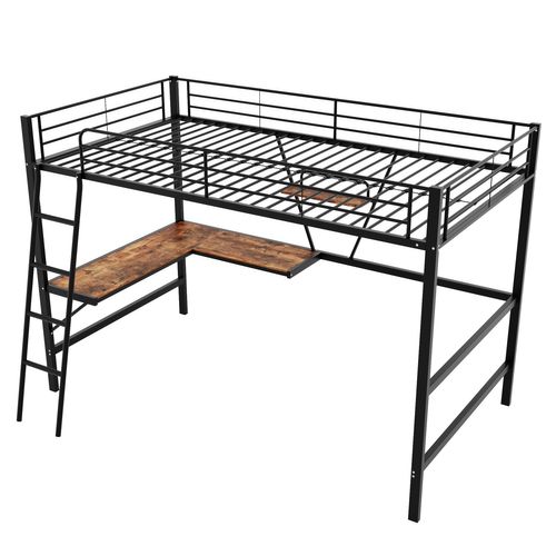 Lit Mezzanine Lit Adulte 90x200 Cm, Lit En Fer Avec Avec Bureau En L Et Étagère, Noir