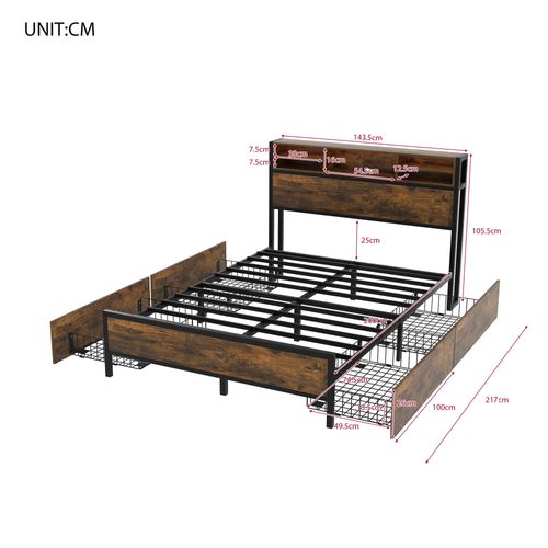 Lit Double Lit 140 X 200 Cm En Métal Avec LED, Port De Chargement USB, 4 Tiroirs, Marron