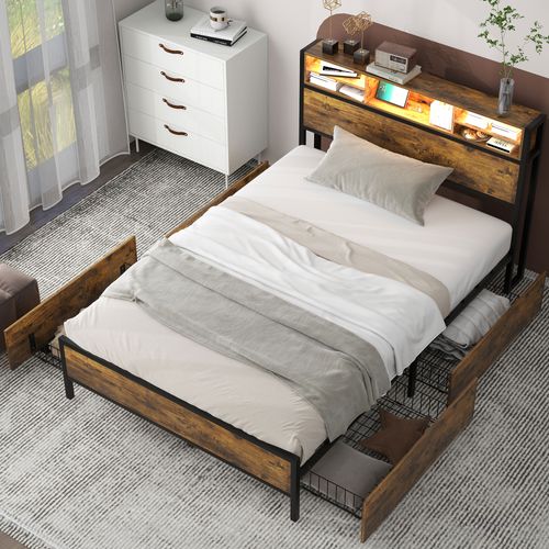Lit Double Lit 140 X 200 Cm En Métal Avec LED, Port De Chargement USB, 4 Tiroirs, Marron