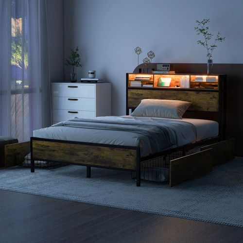 Lit Double Lit 140 X 200 Cm En Métal Avec LED, Port De Chargement USB, 4 Tiroirs, Marron