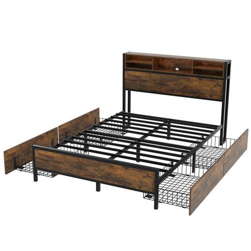 Lit Double Lit 140 X 200 Cm En Métal Avec LED, Port De Chargement USB, 4 Tiroirs, Marron