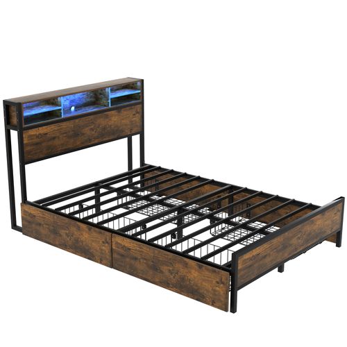 Lit Double Lit 140 X 200 Cm En Métal Avec LED, Port De Chargement USB, 4 Tiroirs, Marron
