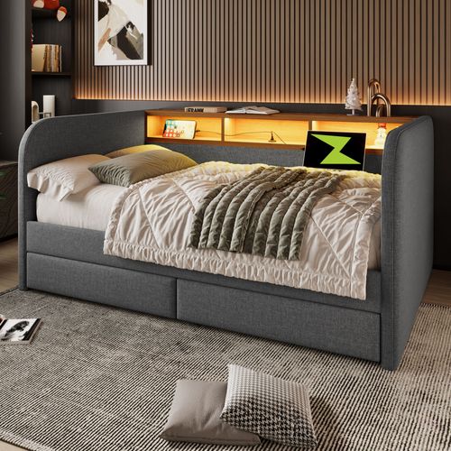 Lit Adulte 140x190 Cm Avec 2 Tiroirs - LED Et Port USB - Gris